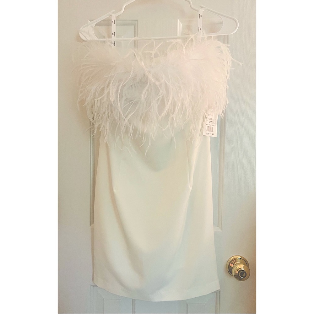 David’s Bridal, STRAPLESS CREPE FEATHER TRIM MINI DRESS, BRAND NEW - Small